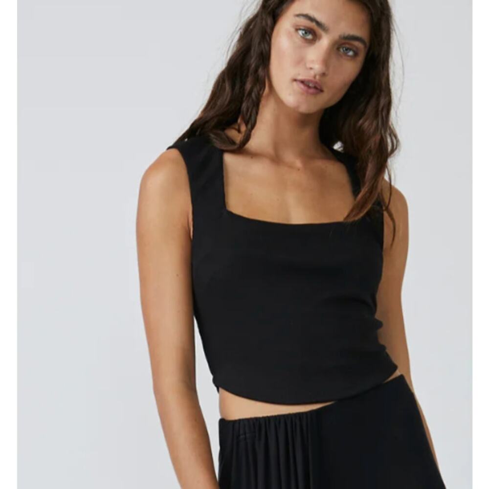 Free People FP Beach Daphne Cropped Ribbed Square Neck Tank Top - Size S, Black